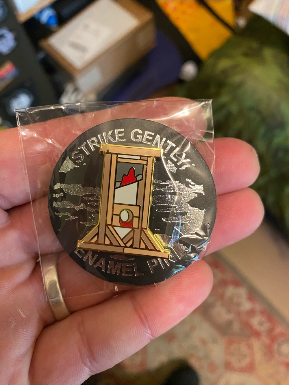 Brand New in Packaging Strike Gently Bloody Guillotine Enamel Pin